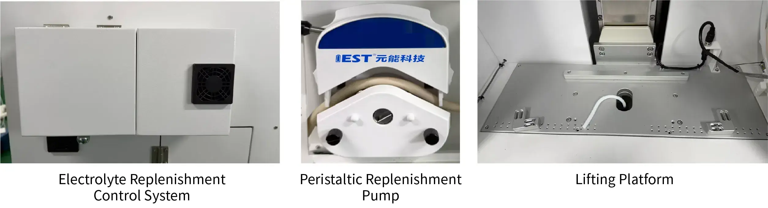 IEST Electrode Electrolyte Wetting Test System(EWS/ETS/CHT/GDT) 9 IEST GDT-2000 Jelly Roll Wettability Gravimetric Tester by IEST Instrument: innovative hardware architecture featuring real-time electrolyte replenishment control system, high-precision peristaltic replenishment pump for constant liquid-level maintenance, and motorized lifting platform for automated buoyancy-free battery bare cell wetting evaluation.
