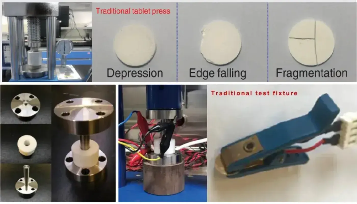 IEST Multi-dimensional Solid Electrolyte Testing System(SEMS3200) 6 Solid electrolyte testing comparison: ceramic pellet defects (depression, edge falling, fragmentation) caused by traditional tablet press and manual test fixtures.