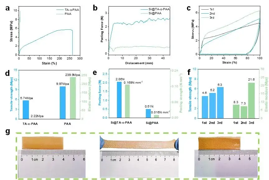 Figure 4. (a) Stress-strain curve of PAA and TA-c-PAA bonded films. (b) 180° stripping curves of Si@PAA and Si@TA-c-PAA electrodes. (c) Cyclic stretching curve of TA-c-PAA adhesive film. (d) Tensile strength and elastic modulus of PAA and TA-c-PAA bonded films. (e) Peeling force and strength of Si@PAA and Si@TA-c-PAA electrodes. (f) Elastic modulus, tensile strength, and maximum force of TA-c-PAA binder during cyclic stretching. (g) Photos of the TA-c-PAA film before and after stretching and shrinkage