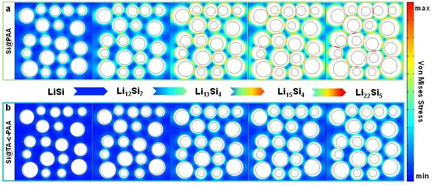 Figure 9. Stress evolution of (a) Si@PAA electrode and (b) Si@TA-c-PAA electrode under different lithiation states.