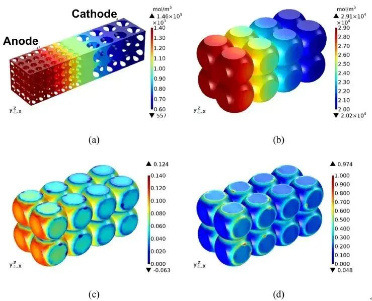 Figure 5. Lithium-ion concentration (a) and graphite particle solid phase lithium concentration (b), strain (c) and stress (d) distribution of graphite particles at the end of 1C CC charging