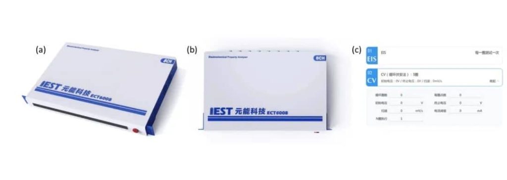 Figure 6. Schematic diagram of the high-precision Electrochemical Performance Analyzer (ECT & ERT series) independently developed by IEST, along with the demonstration of CV & EIS functions in the software.