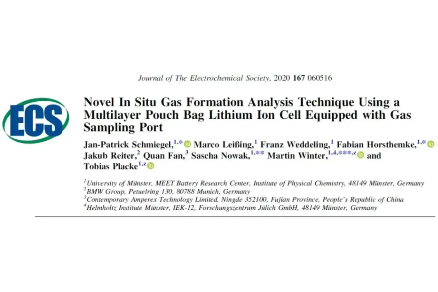 Novel In Situ Gas Formation Analysis Technique Using a Multilayer Pouch Bag Lithium Ion Cell Equipped with Gas Sampling Port
