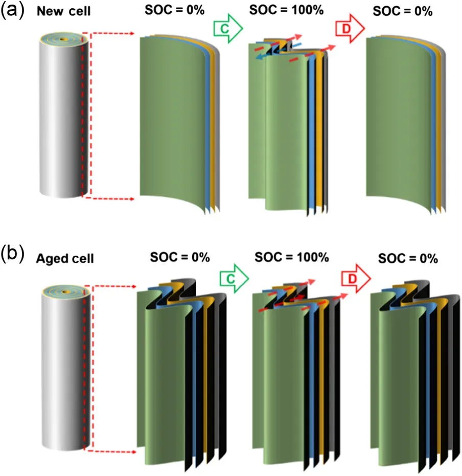 Analysis and Characterization of Expansion Force in Cylindrical Lithium Cells 1 Schematic of volume change mechanism in fresh (a) and aged (b) cylindrical lithium cells — non-uniform stress distribution between steel shell and jelly-roll core