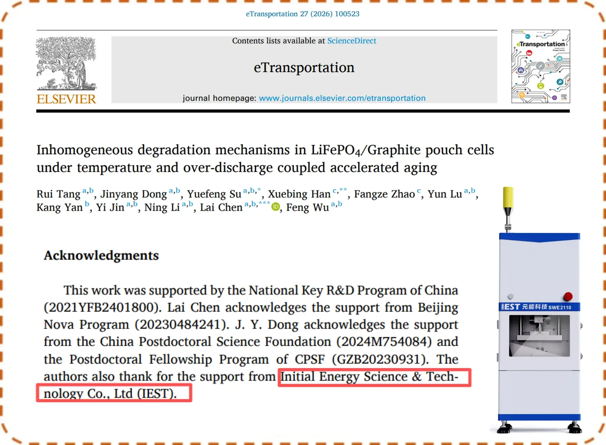 eTransportation: IEST SWE2100 Enables the Inhomogeneous Degradation Mechanisms in LiFePO4/Graphite Pouch Cells Under Coupled Thermal and Electrical Stress 1 LiFePO4/Graphite pouch cell degradation research published in eTransportation: IEST SWE2110 In-situ Cell Swelling Analyzer by IEST Instrument tracking dynamic battery expansion force and thickness swelling under temperature and over-discharge coupled accelerated aging, citing IEST Instrument technical support.