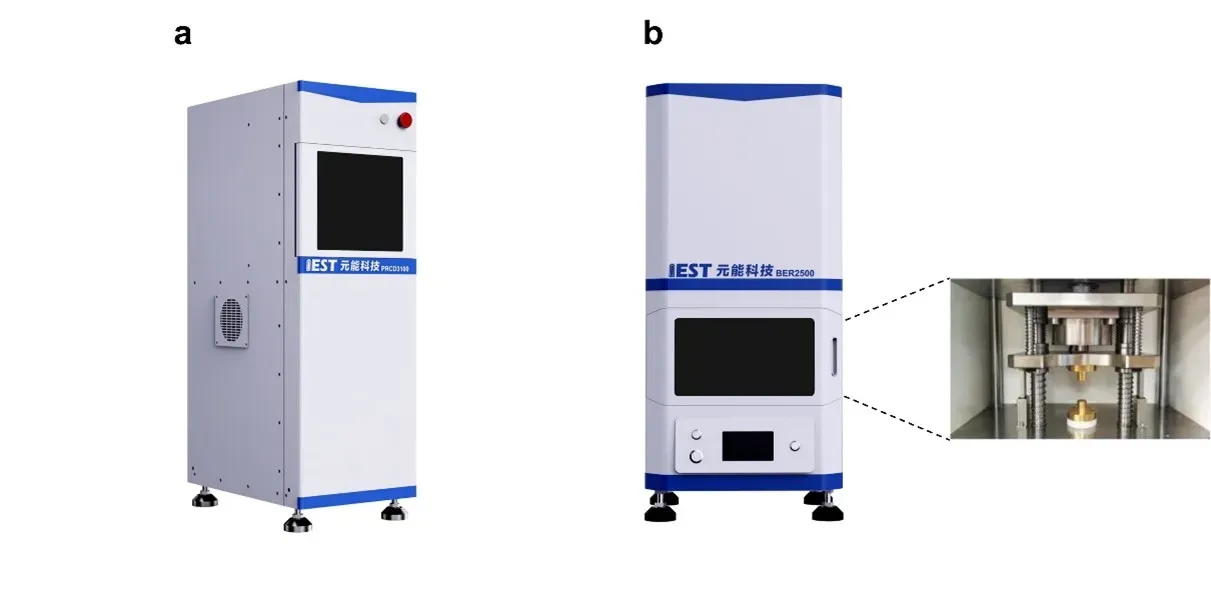Assessing the Air Degradation Behavior of Sodium Layered Oxide Cathodes 1 Figure 1. (a) PRCD3100 powder resistivity & compaction density tester; (b) BER2500 electrode resistance tester with internal structure diagram.