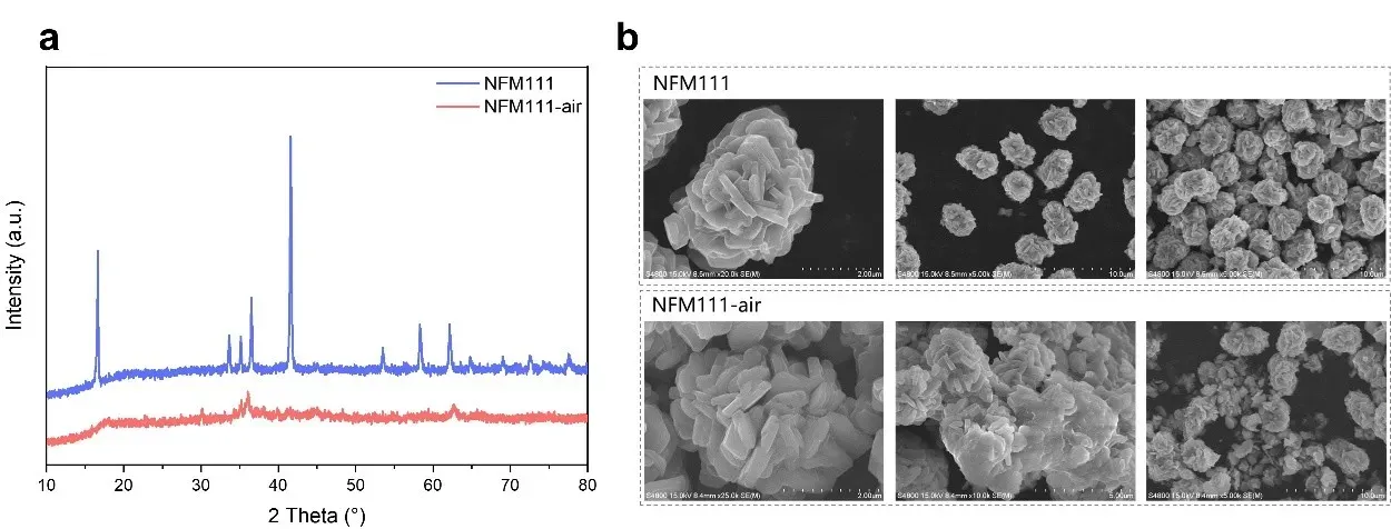 Assessing the Air Degradation Behavior of Sodium Layered Oxide Cathodes 2 Figure 2. XRD patterns (a) and SEM images (b) of samples before and after air exposure.