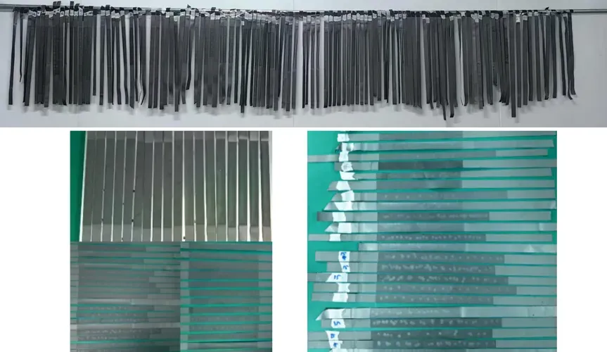 Quantifying Longitudinal Binder Distribution in Battery Electrodes: High-Precision Layer Profiling via Automated Electrode Powder Scraping System 2 Anode electrode coating strip samples post localized peeling tests via IEST LEPS2000 showing high-precision micrometer sampling points.