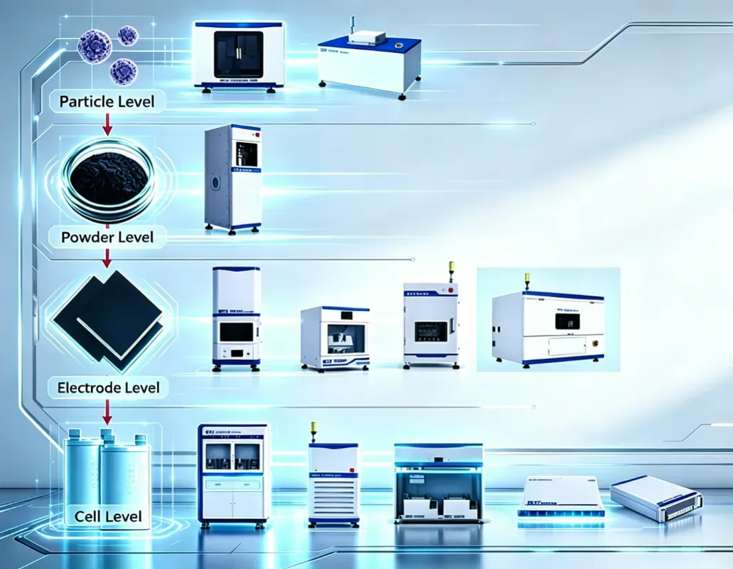 Multi-Level Sodium-Ion Battery Testing: A Systematic Characterization Framework From Particle to Battery Cell 1 Multi-level sodium-ion battery testing framework diagram showing four hierarchical levels