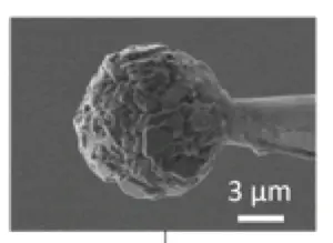 IEST Single Particle Electrochemical Performance Testing System(SPEC Series) 5 Close-up microscopic evaluation of an isolated single battery active material particle under a 3-micrometer scale bar to identify particle-level properties.