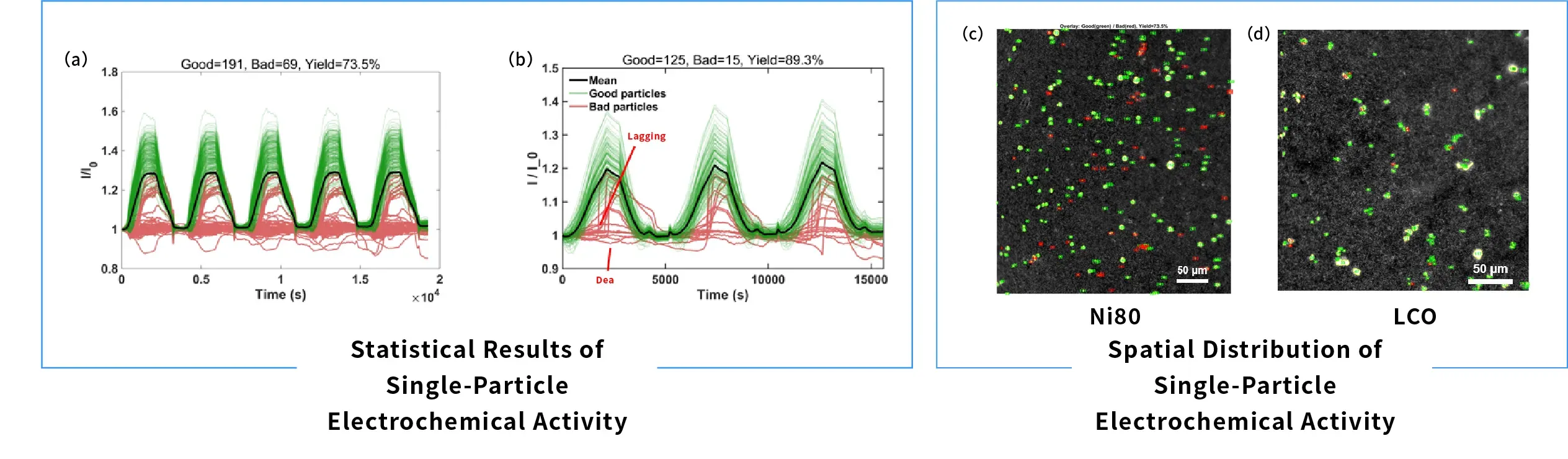 IEST Single Particle Electrochemical Performance Testing System(SPEC Series) 7 Statistical activity results and spatial distribution tracking maps of single-particle electrochemical activity on Ni80 and LCO cathode materials.