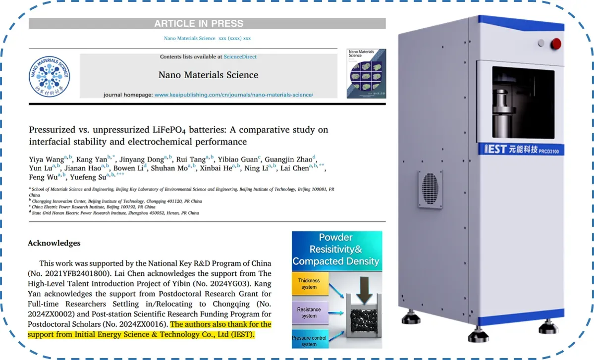 Home 88 Composite image showing the Nano Materials Science journal article header titled "Pressurized vs. unpressurized LiFePO4 batteries" by Wang, Yan et al., the acknowledgments section thanking IEST Instrument (Initial Energy Science & Technology Co., Ltd) for support, a schematic diagram of the powder resistivity and compaction density measurement setup, and a product photo of the IEST PRCD3100 system