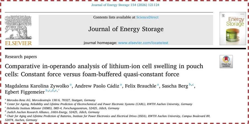 Journal of Energy Storage 2026 Mercedes-Benz study on NMC811 silicon-carbon pouch cell in-situ expansion testing under buffer foam and rigid mechanical constraint