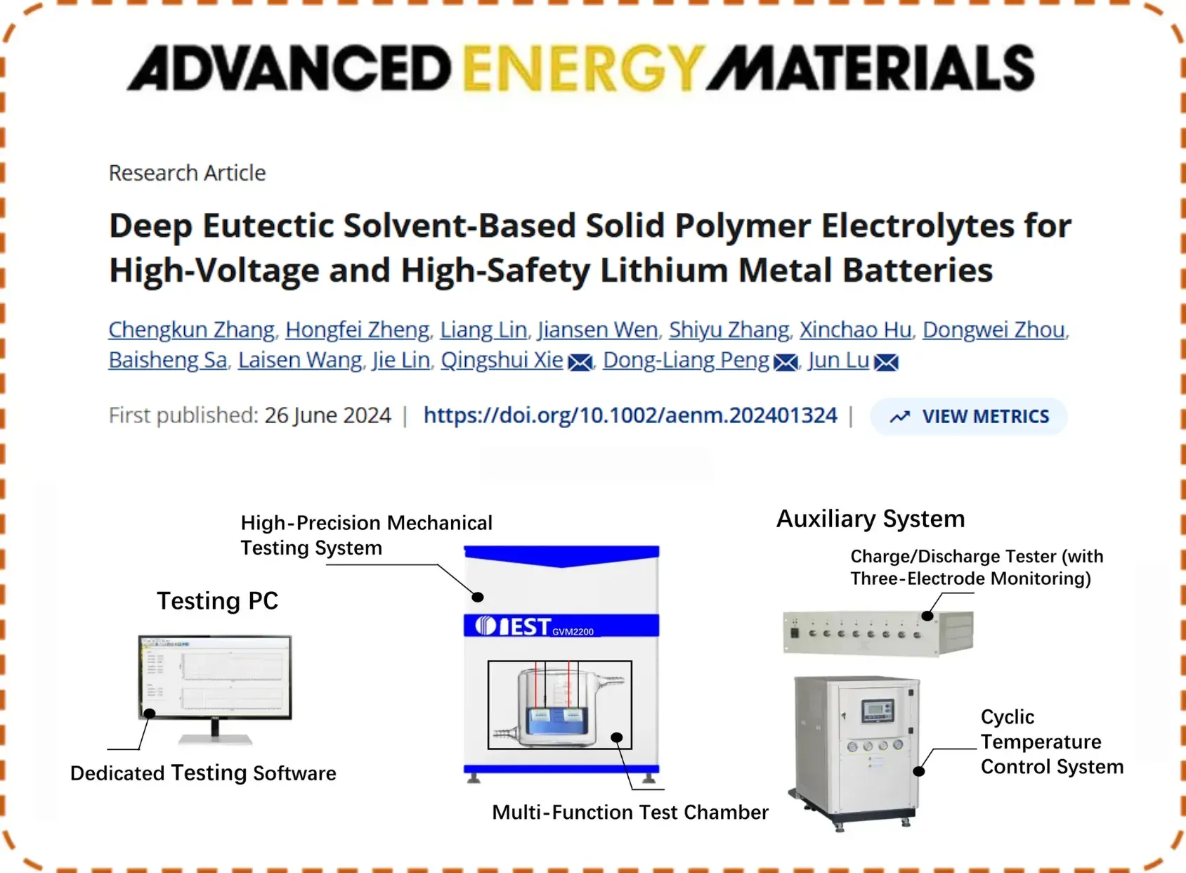 IEST In‑Situ Gas Evolution Solution Quantifies Thermal Stability of High‑Safety Solid Polymer Electrolytes (AEM 2024) 1 IEST GVM2200 in-situ gas and volume monitoring system schematic — integrating high-precision mechanical testing, dedicated software, multi-function test chamber with auxiliary systems, charge/discharge tester with three-electrode monitoring, and cyclic temperature control — used to quantify thermal-induced gas evolution and swelling behavior of solid polymer electrolyte pouch cells in high-voltage lithium metal batteries.