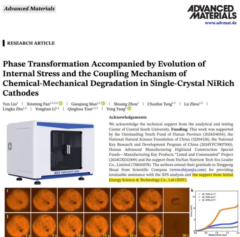 Advanced Materials: IEST SPFT2000 Quantitatively Stress-Chemical Coupling Drives Multi-Step Phase Transition Degradation in Single-Crystal Ultra-High-Nickel Cathodes 19 Advanced Materials article header on single-crystal Ni-rich cathodes alongside IEST SPFT2000 single particle tester, paper Acknowledgements citing IEST support, and single particle force-displacement curves.