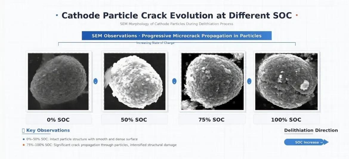 Crushing Strength Evolution of NCM Cathode Particles at Different SOC 1 SEM images of polycrystalline NCM cathode particles at 0% 50% 75% 100% SOC showing progressive surface cracking and morphological degradation with increasing state-of-charge(SOC)