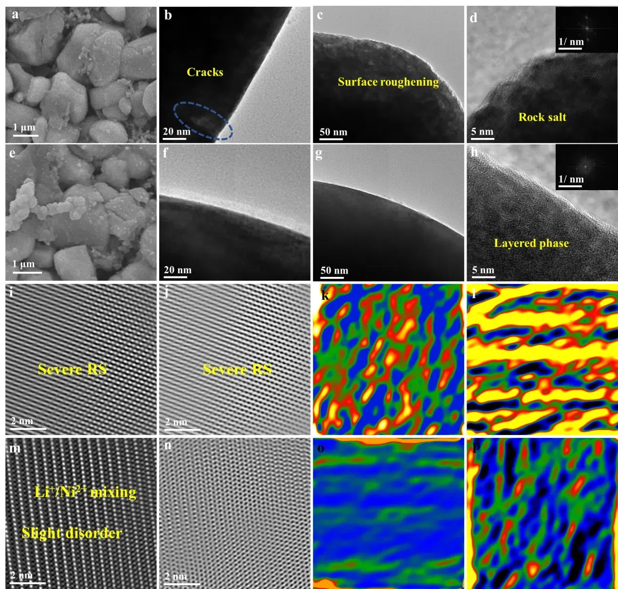 Advanced Powder Materials: IEST SPFT2000 Enable B/Zr Co‑Doping for Lattice Regulation and Internal Stress Relief in Ultra‑High‑Nickel Single‑Crystal Cathodes 7 Post-cycling microscopy and GPA strain analysis after 1000 cycles, showing intragranular cracking and phase degradation in SCNCM versus preserved R-3m layered structure in SCNCM@0.5%Zr/B.