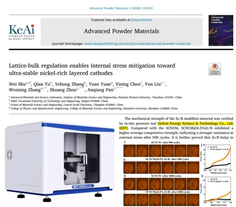 Advanced Powder Materials: IEST SPFT Enable B/Zr Co‑Doping for Lattice Regulation and Internal Stress Relief in Ultra‑High‑Nickel Single‑Crystal Cathodes 26 Nickel-rich layered cathode research published in Advanced Powder Materials: IEST SPFT2000 Single Particle Force Tester by IEST Instrument measuring single-particle compressive strength (Force-Displacement curves) and micro-cracking behavior for SCNCM and Zr/B modified cathodes across 500 and 1000 cycles, citing IEST Instrument technical support.