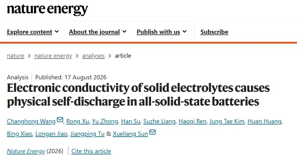 Home 127 Nature Energy paper on electronic conductivity of solid electrolytes causing physical self-discharge in all-solid-state batteries.