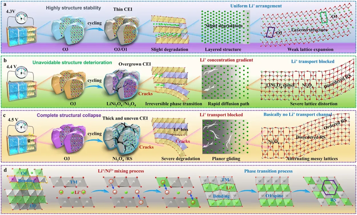 Advanced Materials: IEST SPFT2000 Quantitatively Stress-Chemical Coupling Drives Multi-Step Phase Transition Degradation in Single-Crystal Ultra-High-Nickel Cathodes 9 Comprehensive degradation mechanism schematic. The full-chain chemo-mechanical failure loop: (1) lattice bending concentrates stress → (2) stress triggers multi-stage O3→O1→LiNi₂O₄→Ni₃O₄→rock-salt phase transition → (3) phase boundaries amplify internal stress → (4) stress exceeds particle fracture strength (IEST SPFT2000 quantified) → (5) intracrystalline cracks form → (6) electrolyte penetrates cracks → (7) thick, non-uniform CEI forms + TM dissolution → (8) dissolved TM deposits on anode → (9) catalytic SEI growth on anode → (10) bidirectional active-lithium loss accelerates full-cell failure.
