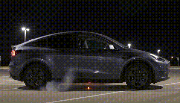 Real-Time EIS Evolution During Battery Nail Penetration 1 EV battery thermal runaway and fire safety demonstration: electric vehicle experiencing underbody battery pack cell failure, safety valve venting, and flame jetting under extreme load conditions, highlighting the importance of in-situ battery safety testing and thermal propagation mitigation.