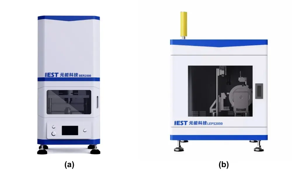 One Resistance Curve, Full Verdict: A New Way to Characterize Sulfide Composite Electrode Uniformity 1 Figure 1. (a)The IEST BER2500 electrode resistance analyzer, combined with a high-precision pressure control system, used to directly measure the through-thickness (vertical) resistance of an electrode sample. (b)The IEST LEPS2000 automatic electrode powder scraper, capable of precisely removing coating layers at micron-scale increments, used to prepare sequential thickness samples from thick or multi-layer sulfide composite electrodes.