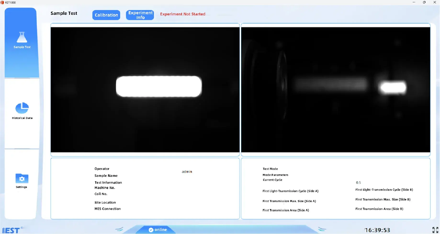 IEST Electrode Fold & Roll Light Transmission Tester(FZT2000) 5 Software interface of the IEST Electrode Fold & Roll Light Transmission Tester showing real-time dual-camera defect imaging, cycle parameters, and quantitative transmission data.