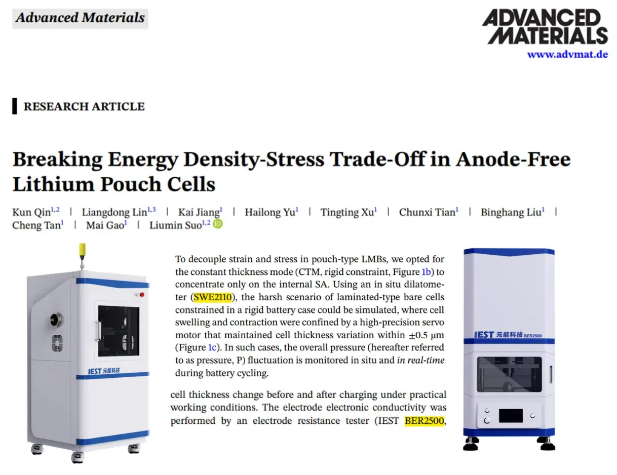 Advanced Materials: How to Achieve Both High Energy Density and Low Expansion in Anode‑Free Lithium Metal Batteries? SWE2110 and BER2500 Reveal the Stress‑Regulation Mechanism of SAB 1 IEST Instrument featured in Advanced Materials: IEST SWE2110 in-situ cell swelling and IEST BER2500 electrode resistance tester applied in anode-free lithium pouch cell research by Liumin Suo's team to decouple energy density-stress trade-offs under constant thickness mode (CTM).