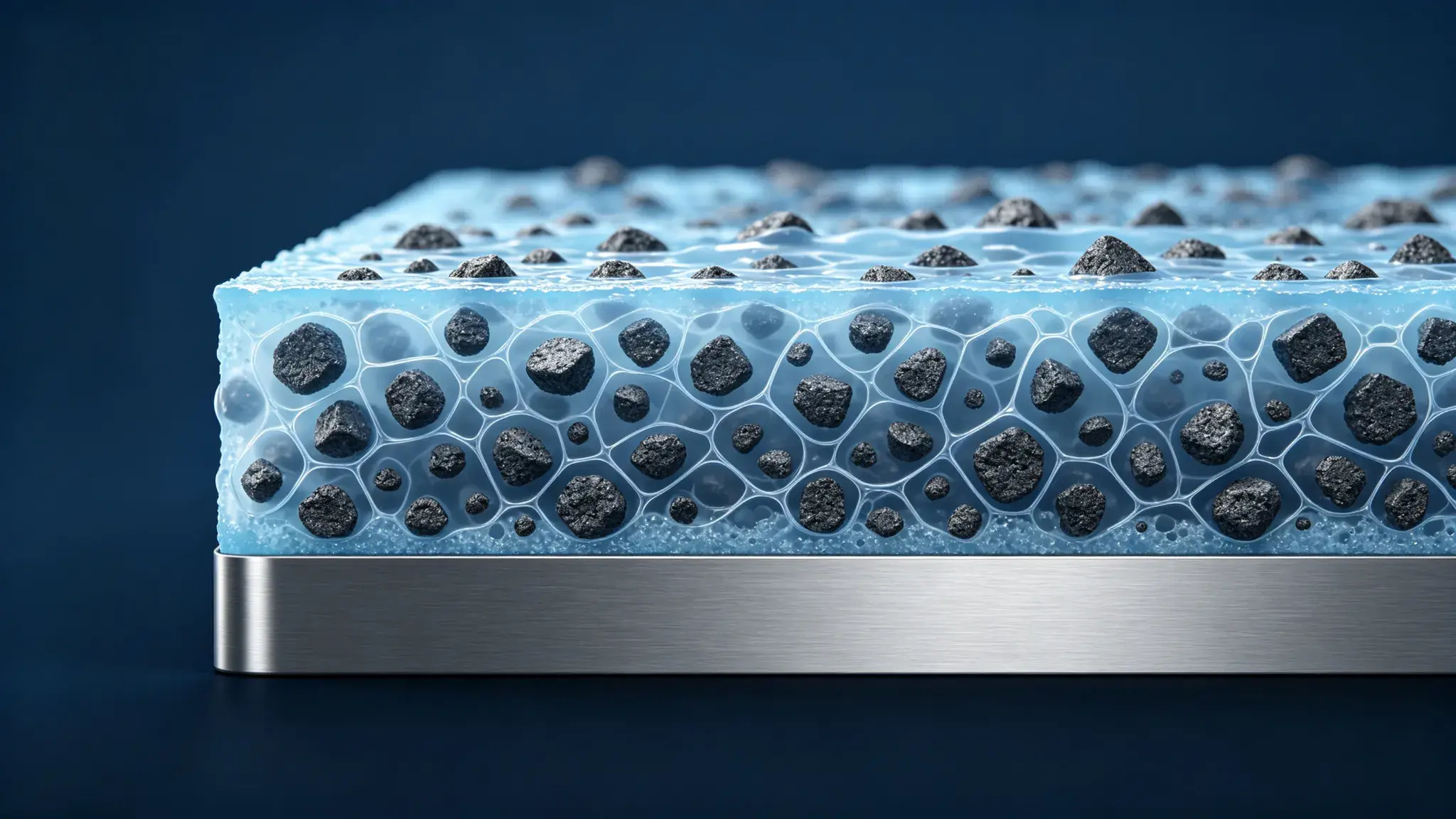 Binder Distribution Characterization in Lithium-Ion Electrodes: Industrial Layer-by-Layer Solution 1 3D schematic of lithium-ion battery porous composite electrode showing graphite active particles, CMC-SBR binder network, and metallic current collector foil interface.