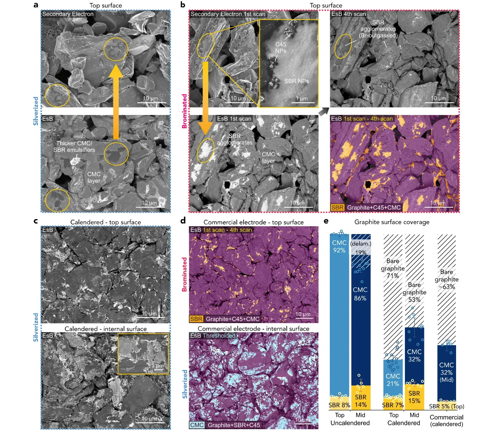 Binder Distribution Characterization in Lithium-Ion Electrodes: Industrial Layer-by-Layer Solution 4 Chemical staining and EsB imaging reveal near-complete CMC coverage on pristine graphite surfaces and extensive film fracture after calendering.
