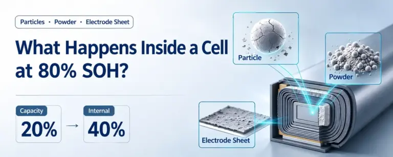 Battery SOH 80%: What Happens Inside the Cell at the Particle, Powder, and Electrode Level 1 Structural and interfacial failure modes inside a battery cell reaching 80% SOH (end-of-life threshold), highlighting active material particle microcracking, powder morphology evolution, and through-thickness electrode degradation accompanying 20% capacity loss and 40% internal resistance increase.